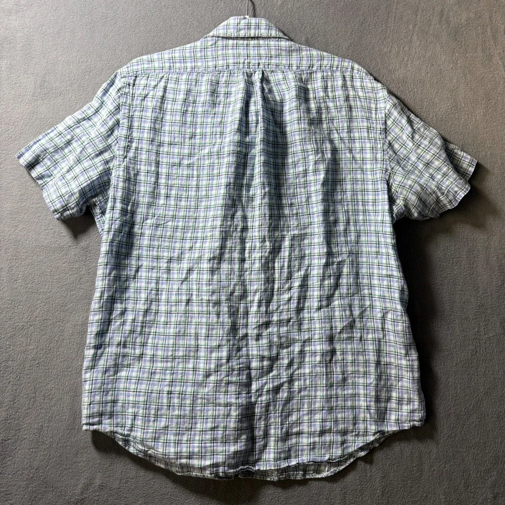 Ralph Lauren Mens Large Linen Plaid Short Sleeve Button Down Shirt Blue Green